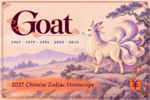 2027 Chinese zodiac horoscope forecast year of the Goat, a white and violet nine-tailed mythical goat standing on a rock in an upland meadow under a pine