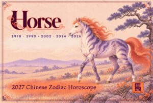 2027 Chinese zodiac horoscope forecast year of the Horse, a violet-striped mythical horse with a flowing coral mane and tail walking across a golden meadow