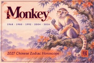 2027 Chinese zodiac horoscope forecast year of the Monkey, a mythical monkey with a coral-patterned tail sitting on a mossy branch holding a stone among autumn leaves