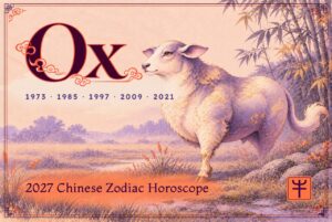 2027 Chinese zodiac horoscope forecast year of the Ox, a cream and lilac mythical ox with a long tufted tail in a misty marsh meadow beside bamboo