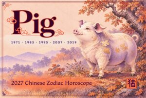 2027 Chinese zodiac horoscope forecast year of the Pig, a cream mythical pig with golden oak-leaf patterns standing beneath an autumn oak tree