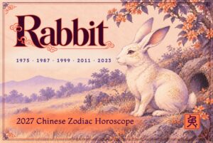 2027 Chinese zodiac horoscope forecast year of the Rabbit, a white mythical rabbit with gold filigree sitting beside a blossoming tree and a rock burrow