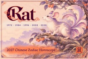 2027 Chinese zodiac horoscope forecast year of the Rat, a pale violet mythical rat with a feathered fan tail on a persimmon branch