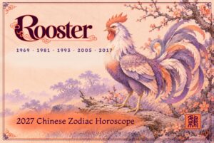 2027 Chinese zodiac horoscope forecast year of the Rooster, a mythical rooster with violet and coral plumage and a long feathered tail on a fallen log beside plum blossoms
