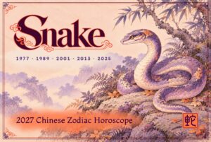 2027 Chinese zodiac horoscope forecast year of the Snake, a violet coiled mythical snake with coral markings raising its head on a mossy rock among ferns