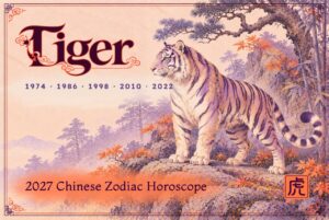 2027 Chinese zodiac horoscope forecast year of the Tiger, a violet-striped mythical tiger standing on a mossy rock beneath a pine and maple leaves